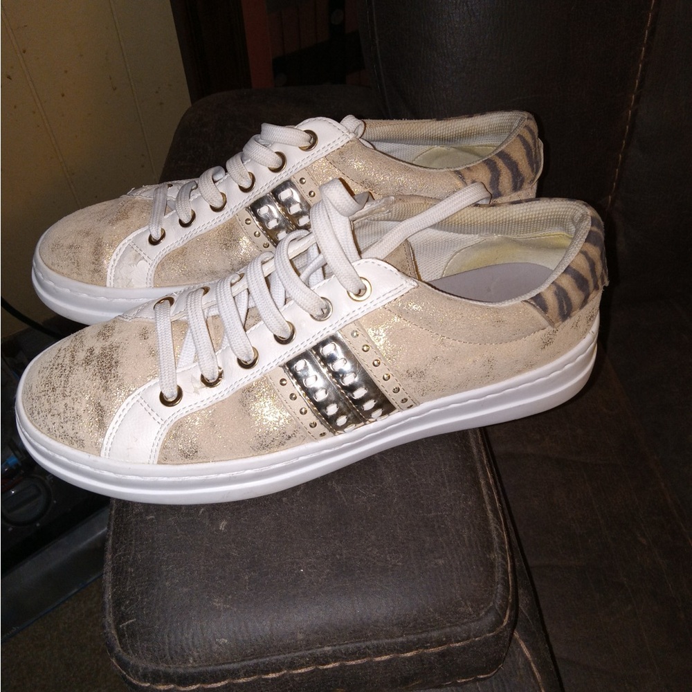 Geox Pontoise Respira Women's Lace Casual Sneakers GoldGlitter w/white Size 8 US